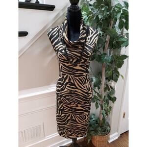 Nina Leonard Women Brown Black Animal Print Sleeveless Cowl Neck Bodycon Dress L